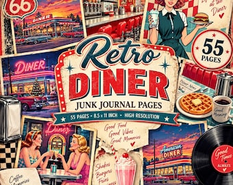 May include: A collage of retro diner-themed junk journal pages featuring a central title Retro Diner, illustrations of a 1950s server, classic cars, neon signs, milkshakes, waffles, and vinyl records. The text includes 55 Pages, 8.5 x 11 Inch, and High Resolution.