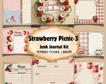 Strawberry Picnic Junk Journal Kit: Cottagecore Printable Pages (Digital Download