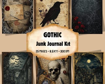 Afdrukbare kit Gothic Junk Journal, donkere vintage ephemera (digitale download)