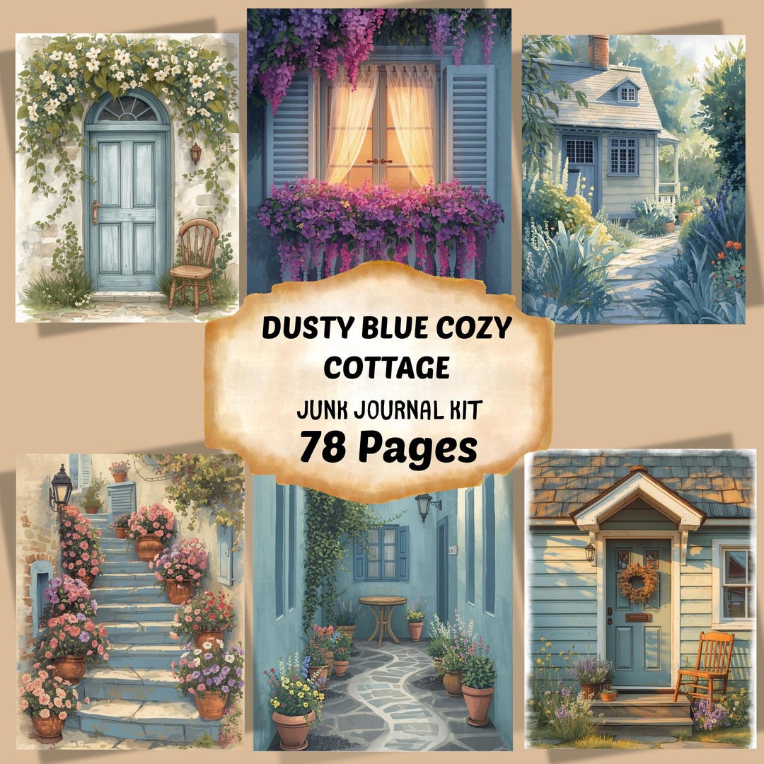 Dusty Blue Cottage Junk Journal Kit, Floral Vintage Pages, Cozy ...