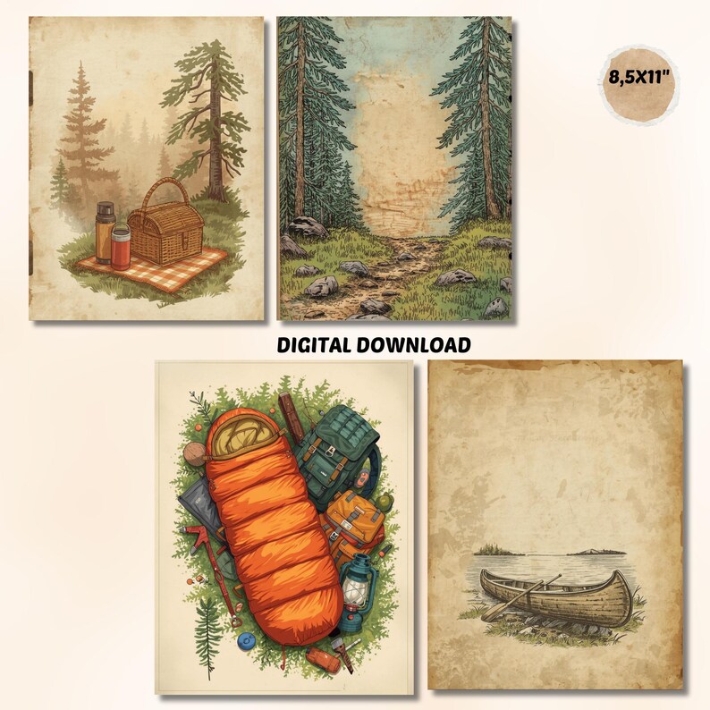 Camping Adventure Junk Journal Kit, Outdoor Nature Printable Pages, Digital Download image 8