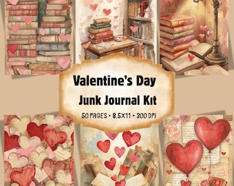 Alla hjärtans dag-skräpjournalkit, vintagebibliotekstema (digital nedladdning)