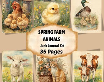 Vintage Spring Farm Animals Junk Journal Pages (Digital Download)