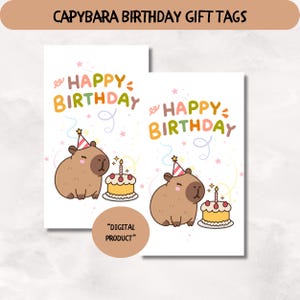 Capybara Birthday Gift Tags, Printable Tags with “Happy Birthday” Text,  Cute Animal Label, Instant Download, 2x3.5 inch – 10 per Sheet