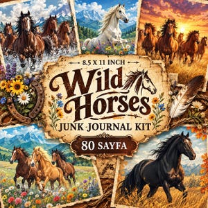 May include: A Wild Horses junk journal kit featuring multiple scenes of horses in meadows and mountains, a horseshoe, and a feather. The central label displays the text 8.5 X 11 INCH Wild Horses JUNK JOURNAL KIT 80 SAYFA with floral accents.