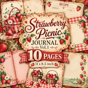 Könnte beinhalten: Ein Strawberry Picnic Journal Vol. 1 mit 10 Seiten in der Größe 27,9 x 21,6 cm. Das Design zeigt Illustrationen von Erdbeeren in geflochtenen Körben, rot-weiß karierte Muster, Gänseblümchen und Vorlagen für Rezeptkarten mit Vintage-Text.