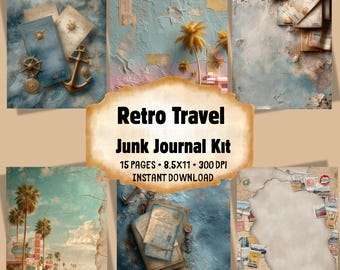 Retro Travel Junk Journal Kit: Retro Ephemera, Printable Background Papers (JPEG Digital Download)