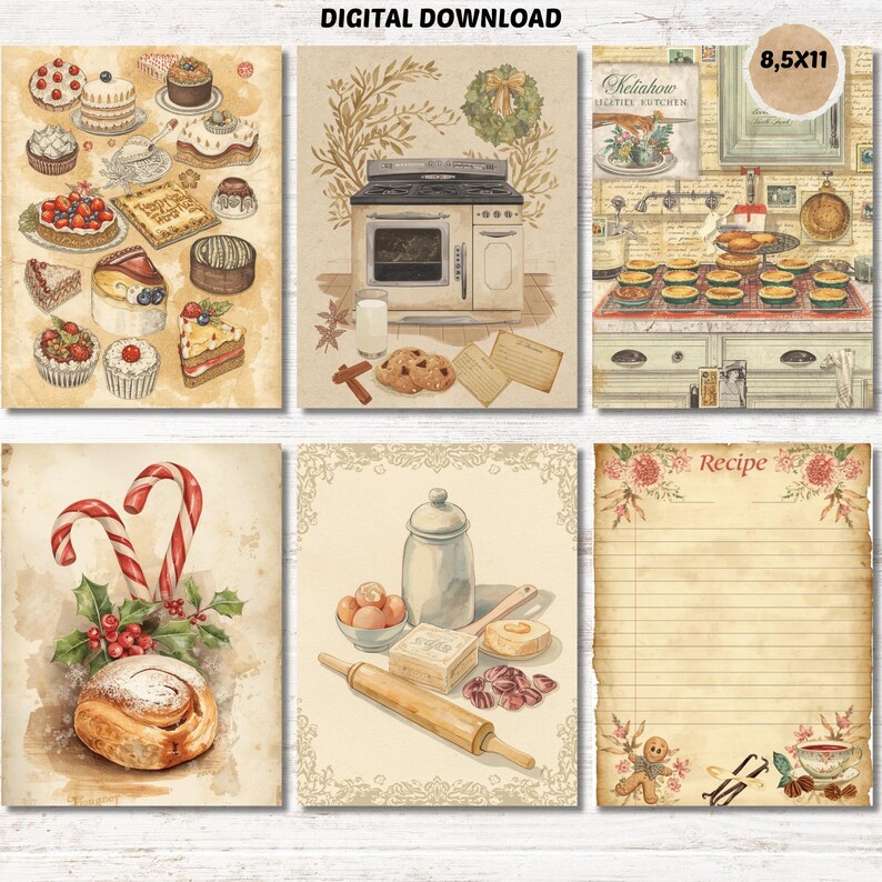 Vintage Christmas Recipe Junk Journal Kit, Watercolor Baking Ephemera ...