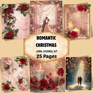 Romantic Christmas Junk Journal Kit, Roses, Hearts & Candlelight,  Printable Holiday Digital Paper