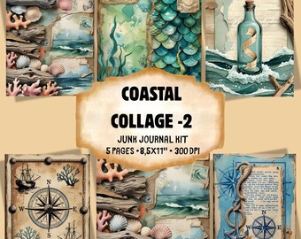 Coastal Collage Junk Journal Backgrounds: Ocean Dream  Pages (Digital Download, ZIP File)