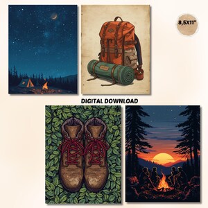 May include: Four digital art prints featuring camping scenes. One shows a starry night with a tent and campfire. Another depicts a backpack and sleeping bag. A third shows hiking boots, and the last shows people around a campfire at sunset. The prints are 8.5x11 inches.