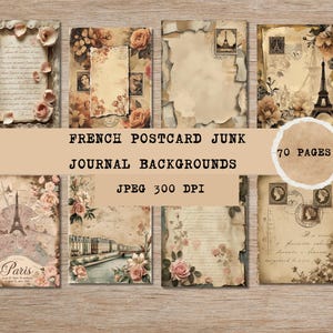 Sfondi per diario con cartoline francesi, 70 carte vintage romantiche parigine, 8,5x11 e 11x8,5 pollici, JPEG 300 DPI, pacchetto di effimeri stampabili