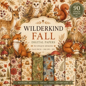 Puede incluir: Una colección de papeles digitales titulada WILDERKIND FALL con 90 diseños únicos. Las imágenes incluyen ilustraciones de ciervo, búho, ardilla, zorro y conejo entre hojas de otoño, setas y bellotas. El texto incluye 12x12 INCH 300 DPI JPG.