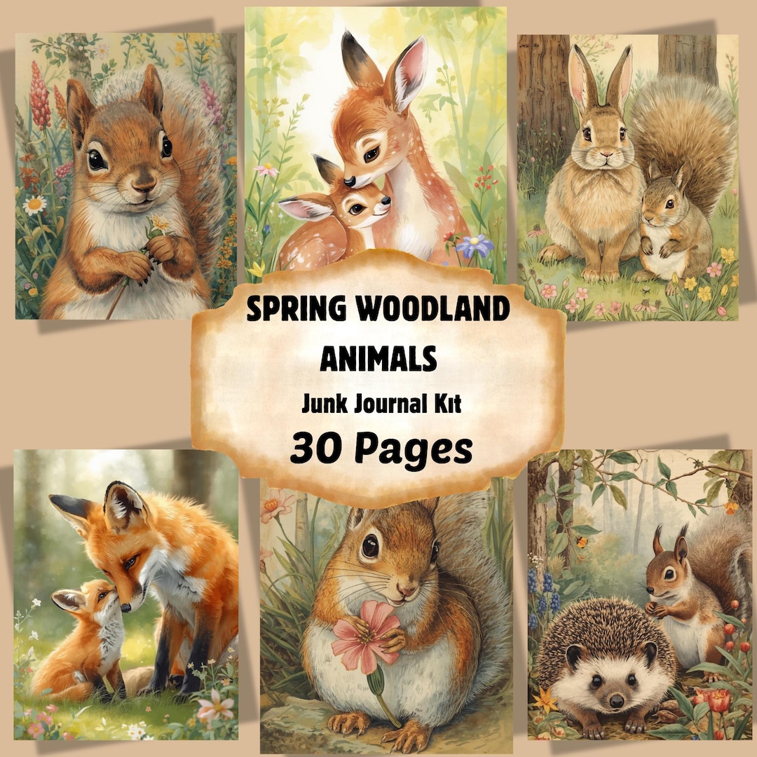 Spring Woodland Animals Junk Journal Kit, Watercolor Forest Pages ...