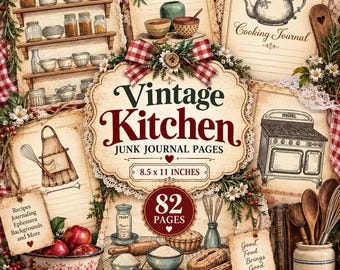 May include: A collection of vintage kitchen junk journal pages featuring illustrations of shelves with jars, a cooking journal, a stove, and kitchen utensils. The central text reads Vintage Kitchen Junk Journal Pages 8.5 x 11 INCHES.