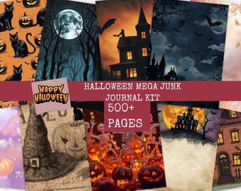 May include: A selection of Halloween-themed journal pages. The images depict spooky illustrations of black cats, jack-o'-lanterns, haunted houses, bats, and skeletons. The text on the image reads "Happy Halloween" and "Halloween Mega Junk Journal Kit 500+ Pages."