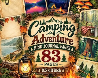 May include: A collection of 83 camping-themed junk journal pages measuring 8.5 x 11 inches, featuring illustrations of a sunset lake, a campfire, a canoe, a picnic basket, pine trees, mushrooms, and a lantern, with the text Camping Adventure.