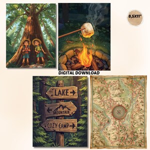 May include: A collection of digital art prints featuring camping and outdoor themes. Includes illustrations of children in a forest, a campfire with a marshmallow, a wooden signpost, and a vintage map. The prints are sized 8.5x11 inches.