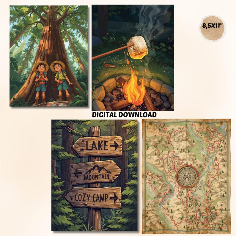 May include: A collection of digital art prints featuring camping and outdoor themes. Includes illustrations of children in a forest, a campfire with a marshmallow, a wooden signpost, and a vintage map. The prints are sized 8.5x11 inches.