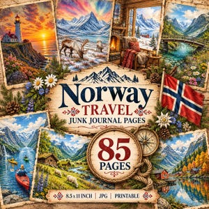 以下が含まれることがあります： ノルウェー旅行のジャンクジャーナルページコレクション。85枚の印刷可能なJPGシートが含まれています。中央のタイトル、ノルウェー国旗、コンパス、山、フィヨルド、灯台、山小屋などの風景が描かれており、サイズは21.59 x 27.94 cmです。