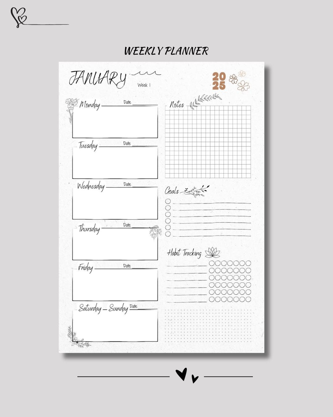 Minimalist Floral Themed Planner, Weekly, Monthly and Daily Planner ...