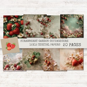 Carta digitale Strawberry Cottagecore, sfondi per album stampabili 12x12, effimeri di diario botanico vintage