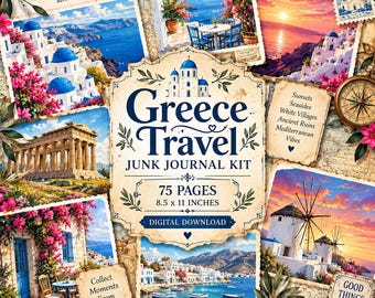 Kit per diario di viaggio a tema Grecia, souvenir di Santorini, pagine per album di ritagli sull'isola (download digitale)