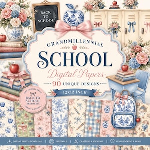 May include: A digital paper collection featuring 90 unique 12x12 inch designs with a school theme. The imagery includes stacks of books, blue and white floral apples, school desks, lockers, and bouquets of pink and blue flowers.