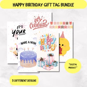 Happy Birthday Geschenkanhänger Set, 5 x 3,5 Zoll große Etiketten, 5 verschiedene Designs, 10 Stück pro Bogen