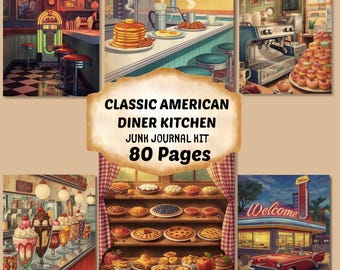 May include: A junk journal kit featuring 80 pages of classic American diner kitchen imagery, including a jukebox, breakfast counter, espresso machine, milkshake bar, pie display shelves, and a vintage red car parked outside a diner with a welcome sign.