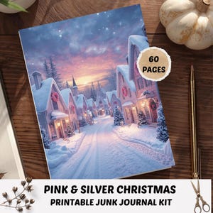 Roze en zilveren kerstjunkjournaalkit: vintage afdrukbaar papier (60 pagina&#39;s)