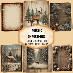 Rustikales Weihnachts Junk Journal Kit, 20 Seiten, Wald & Bauernhaus Winter Hintergründe, bedruckbares digitales Papier