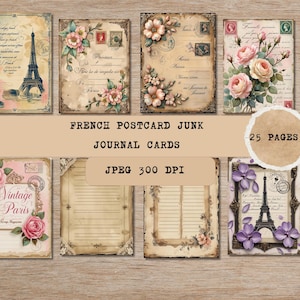 Cartoline francesi, 25 pagine di effimeri vintage 3x4 stampabili, download digitale di romanticismo parigino per scrapbooking e journaling