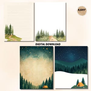 May include: A collection of digital download stationery featuring watercolor illustrations of forests, trails, and campsites. The designs include lined and blank paper, and images of a starry night sky. The size is 8.5x11 inches.