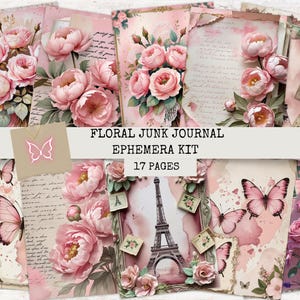 Pink Roses Junk Journal Pages: Shabby Chic Printable Paper (Digital Download, JPEG, 8.5x11in