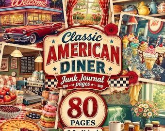 May include: A collage of Classic American Diner junk journal pages featuring 80 pages measuring 8.5 x 11 inches. The imagery includes a red vintage car at a diner, kitchen shelves with teapots, ice cream sundaes, and a cherry pie on a table.