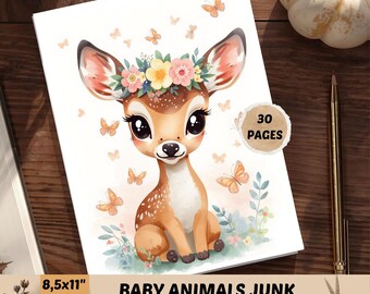 May include: A journal kit featuring a watercolor illustration of a baby deer with a floral crown and butterflies. The journal has 30 pages and measures 8.5 x 11 inches. The text at the bottom reads "Baby Animals Junk Journal Kit."