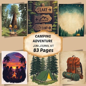 Camping Adventure Junk Journal Kit, Outdoor Nature Printable Pages, Digital Download image 1