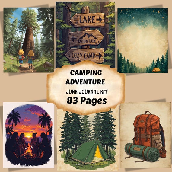 Camping Adventure Junk Journal Kit, Outdoor Nature Printable Pages, Digital Download