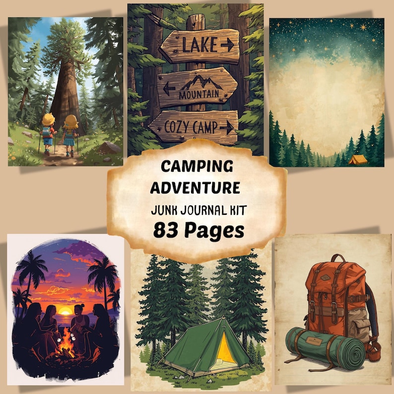 Camping Adventure Junk Journal Kit, Outdoor Nature Printable Pages, Digital Download image 1