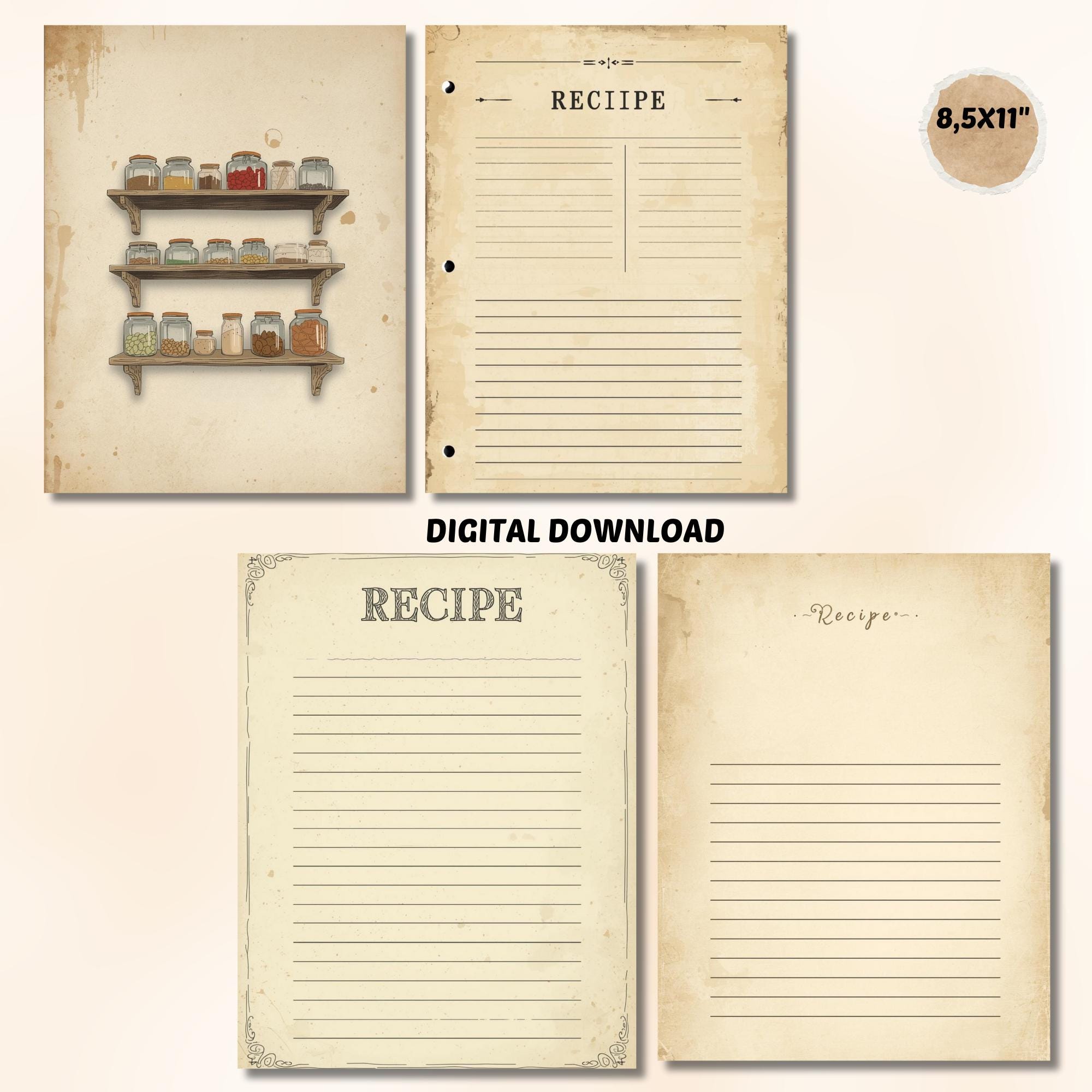 Vintage Kitchen Junk Journal Kit, Rustic Recipe Pages (digital Download ...