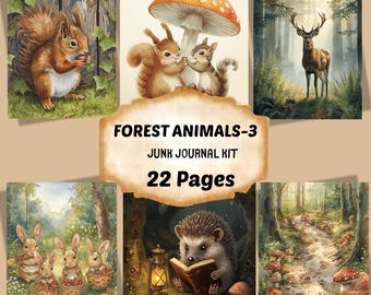 Woodland Watercolor Animals Junk Journal Kit-3, Cozy Nature Pages (Digital Download)