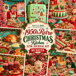 May include: A 1950s retro Christmas kitchen junk journal kit featuring 90 pages of festive imagery including a decorated cake, a roasted turkey, a mint green refrigerator, holiday cookies, and various seasonal kitchen scenes and decorations.