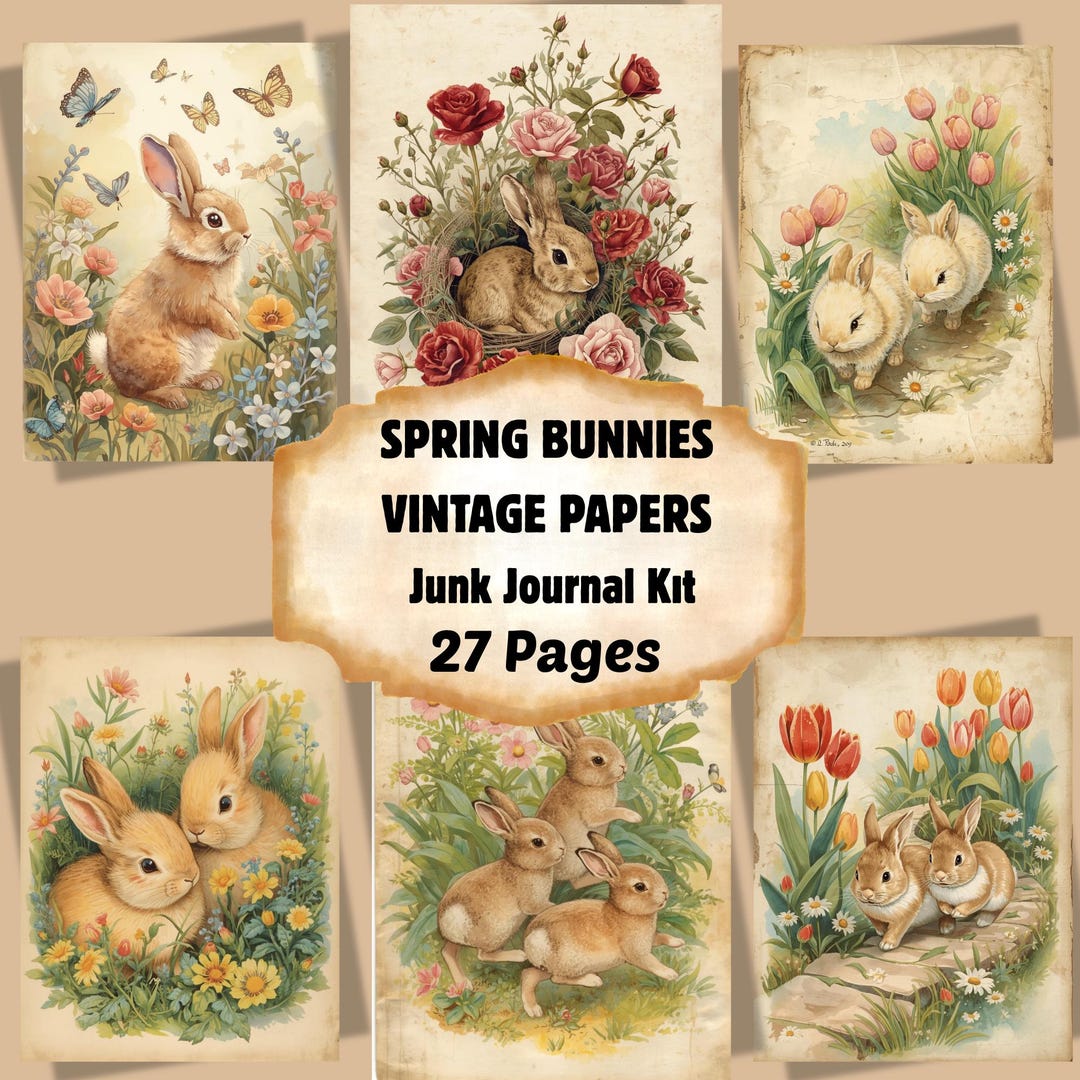Spring Bunnies Vintage Papers, Bunny Botanical Junk Journal Pages ...