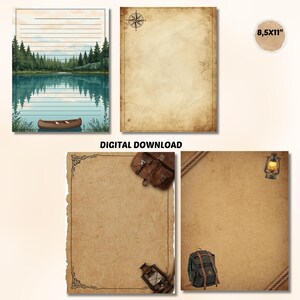 May include: A collection of digital download stationery. One sheet features a lake scene with a canoe. Other sheets have a vintage map design, a compass rose, and a torn-edge paper with a leather satchel and lantern. The text "DIGITAL DOWNLOAD" is visible.
