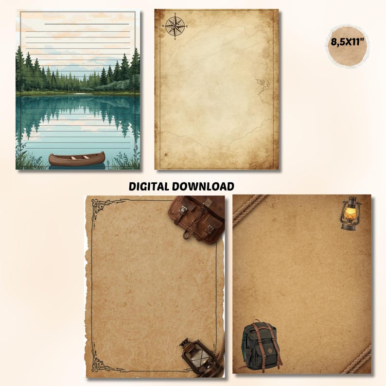 May include: A collection of digital download stationery. One sheet features a lake scene with a canoe. Other sheets have a vintage map design, a compass rose, and a torn-edge paper with a leather satchel and lantern. The text "DIGITAL DOWNLOAD" is visible.