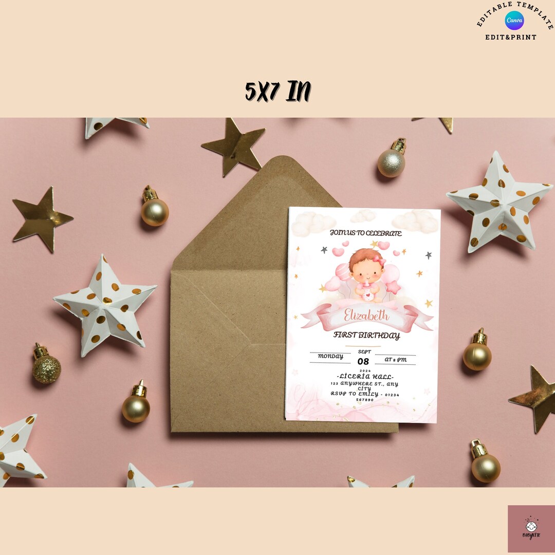 Editable Baby Theme One Year Birthday Invitation, Printable Invitation ...
