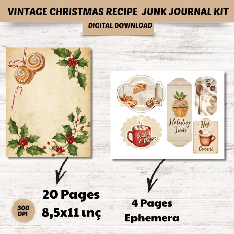 Vintage Christmas Recipe Junk Journal Kit, Watercolor Baking Ephemera ...