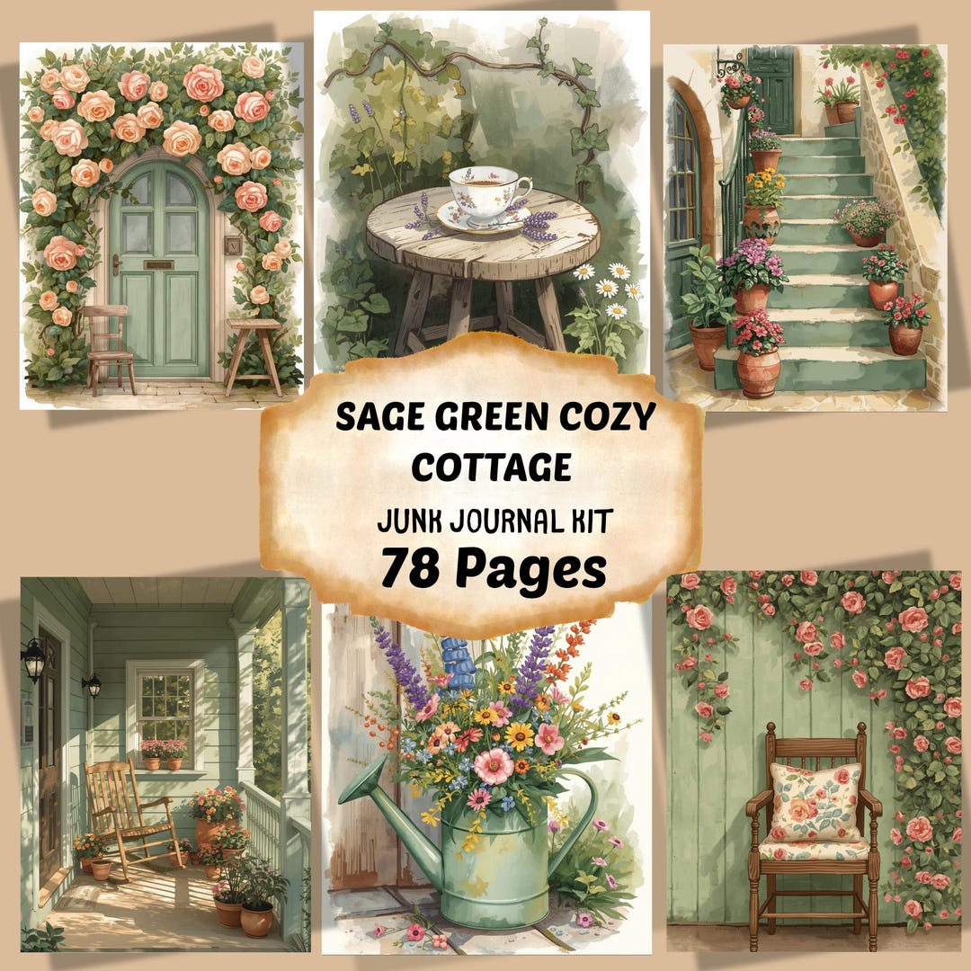 Sage Green Cottage Junk Journal Kit, Floral Vintage Pages, Cottagecore ...