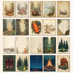 May include: A collection of vintage-style camping and nature-themed illustrations. The images feature scenes of forests, campsites, picnic baskets, a canoe, a sleeping bag, and a campfire. The color palette includes greens, browns, and oranges, with a rustic, aged paper effect.